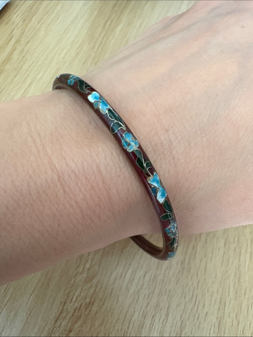 Vintage Chinese Cloisonné Enamel Red Floral Bangle Bracelet